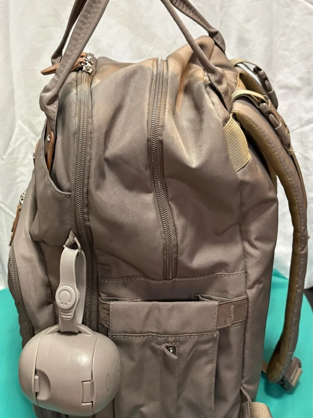 Diaper Backpack in Taupe with Tan Trim by